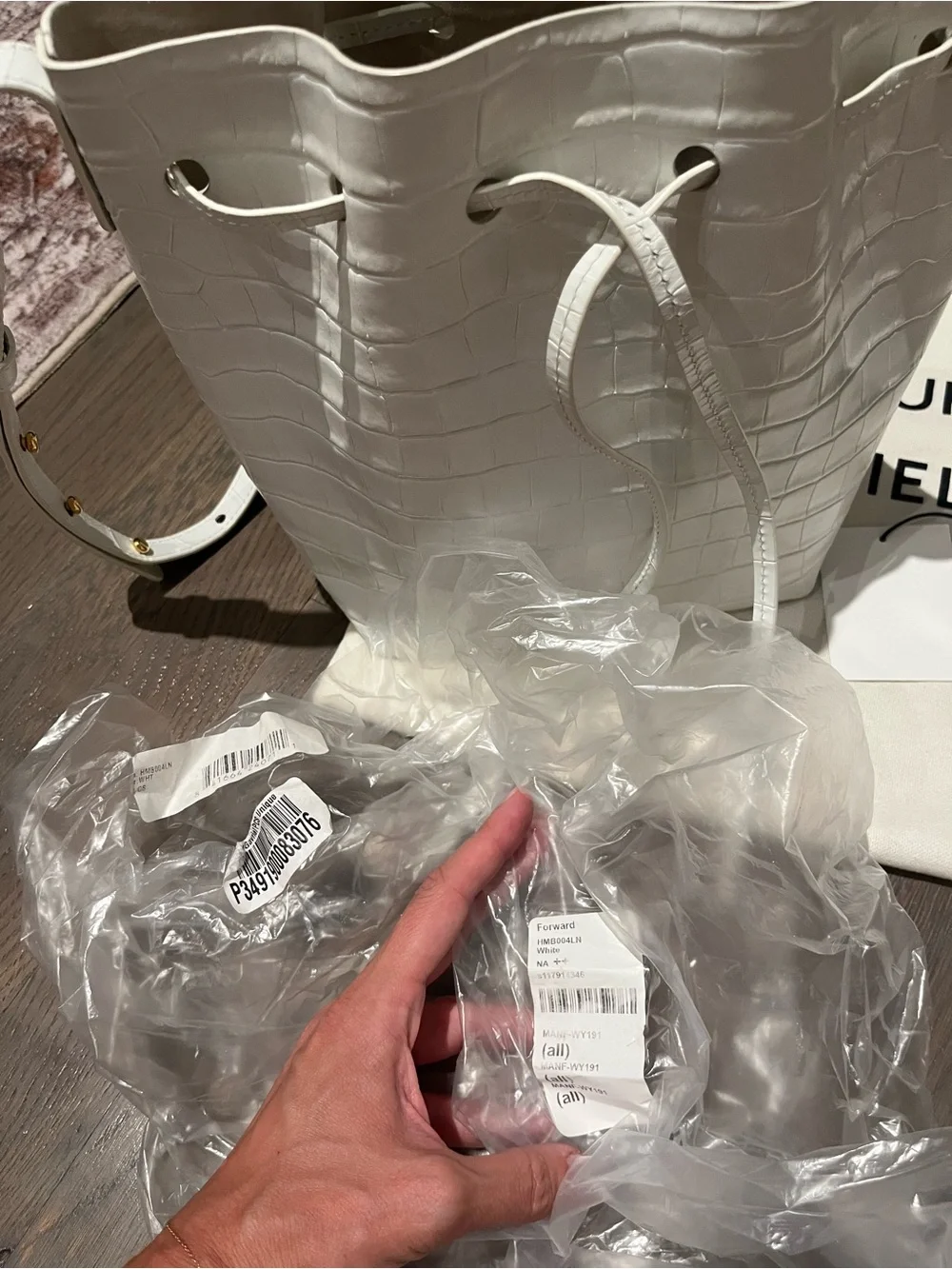 Mansur Gavriel White Croc-Embossed Drawstring Bucket Bag